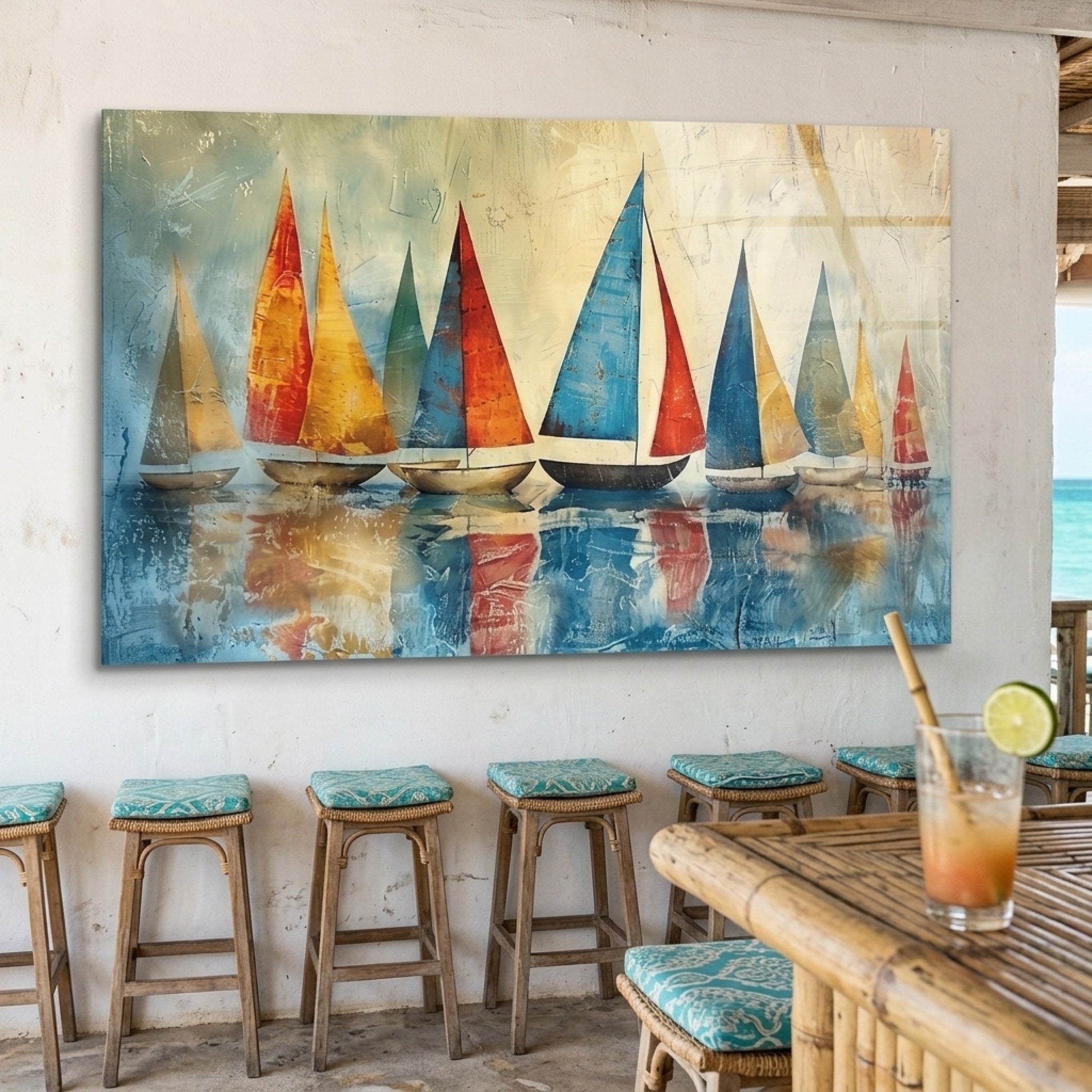 Soyut Yelkenli Tekneler Sanat Eseri Yatay Cam Tablo