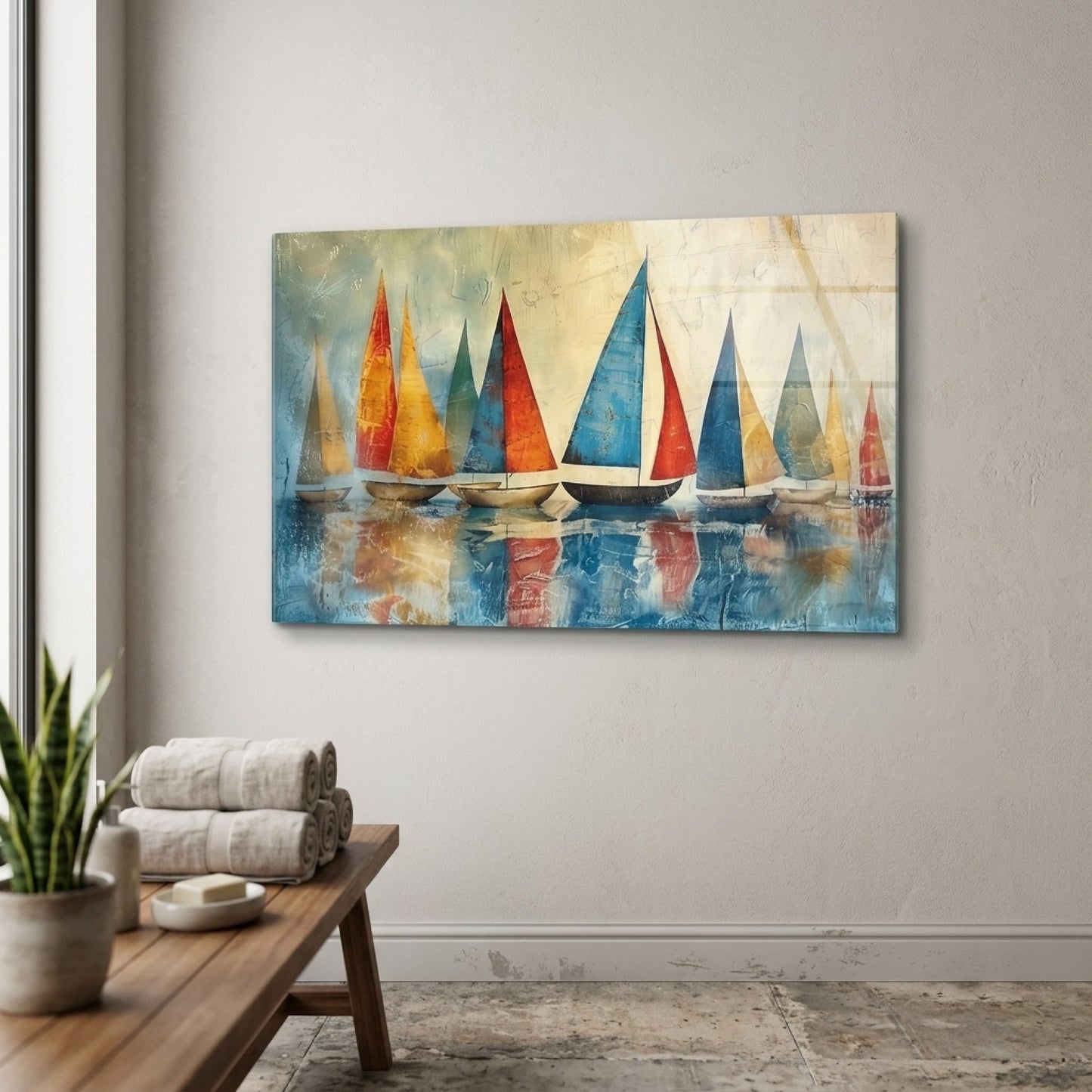 Soyut Yelkenli Tekneler Sanat Eseri Yatay Cam Tablo
