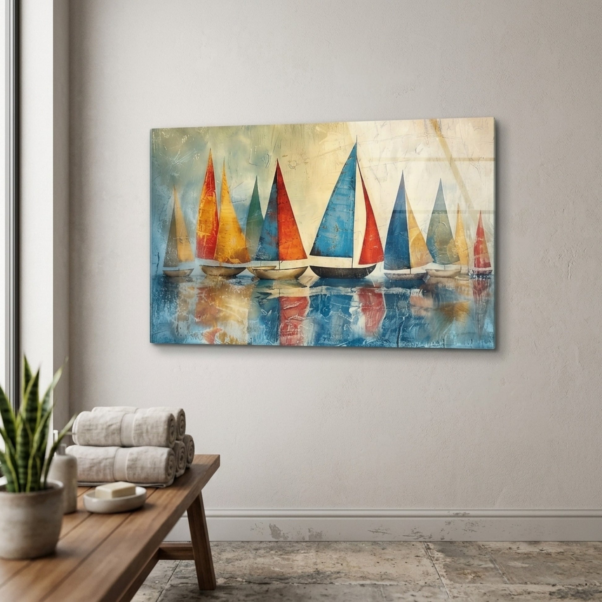 Soyut Yelkenli Tekneler Sanat Eseri Yatay Cam Tablo