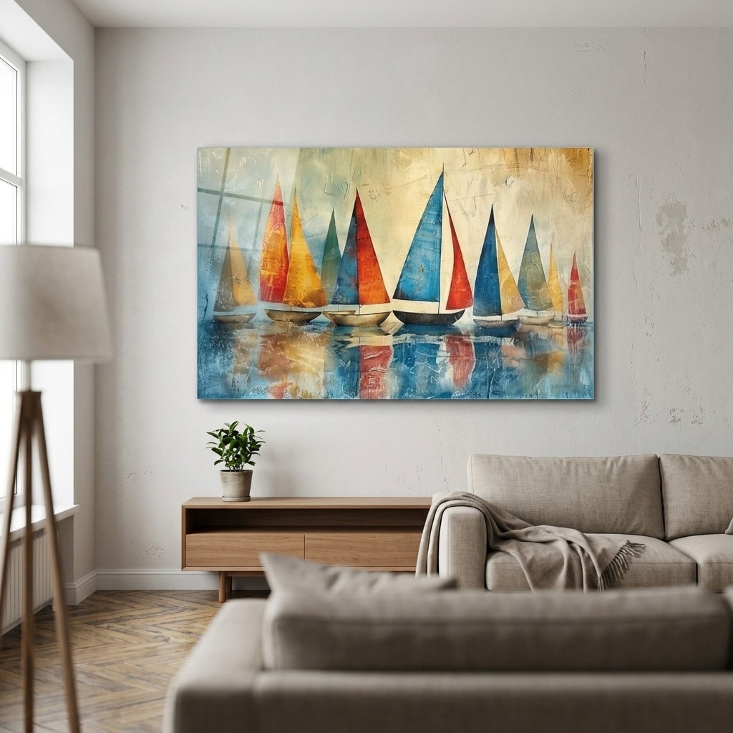 Soyut Yelkenli Tekneler Sanat Eseri Yatay Cam Tablo