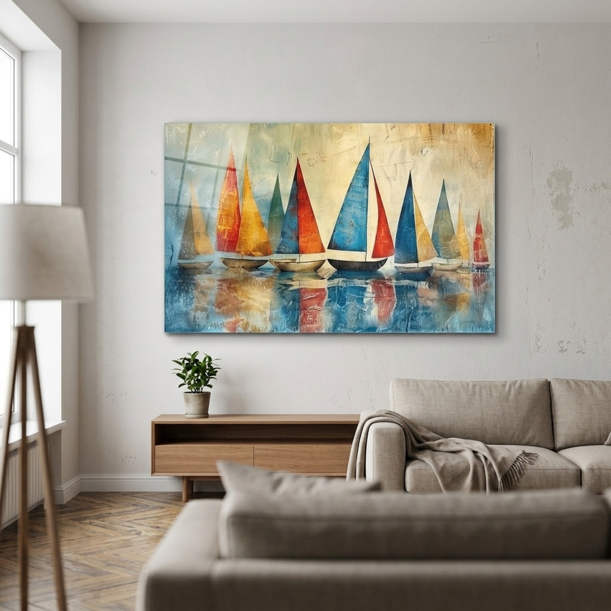 Soyut Yelkenli Tekneler Sanat Eseri Yatay Cam Tablo