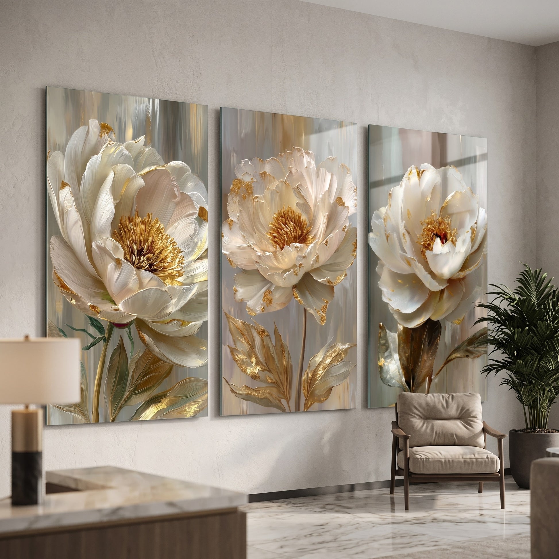 Şakayık Çiçekleri Altın Detaylı Dikey 3'lü Set Cam Tablo