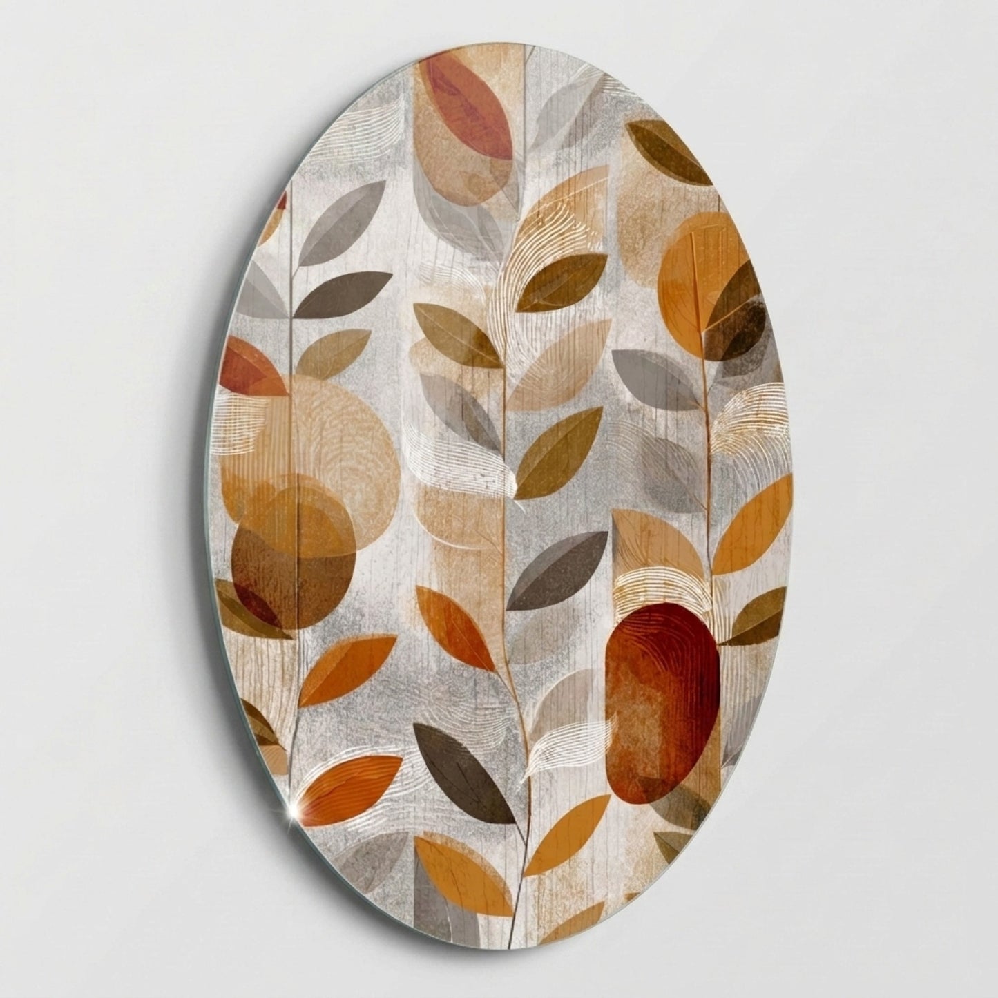 Modern Oval Yapraklar ve Geometrik Formlar Sanatı Oval Dikey Cam Tablo