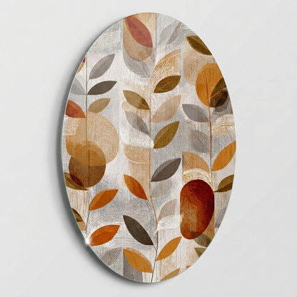 Modern Oval Yapraklar ve Geometrik Formlar Sanatı Oval Dikey Cam Tablo