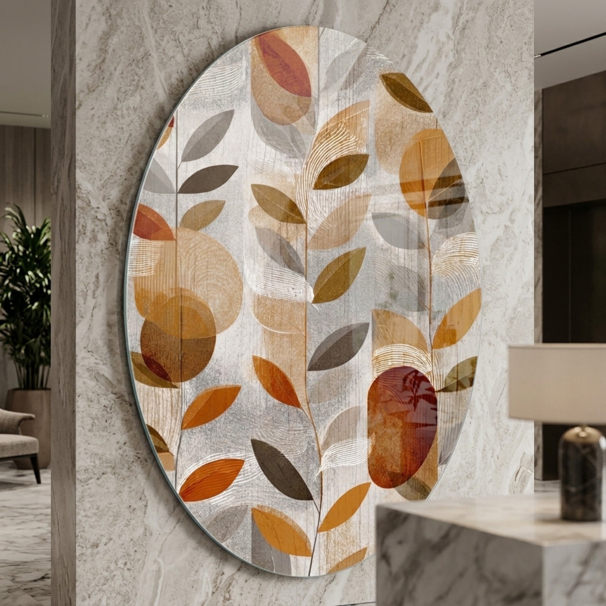Modern Oval Yapraklar ve Geometrik Formlar Sanatı Oval Dikey Cam Tablo