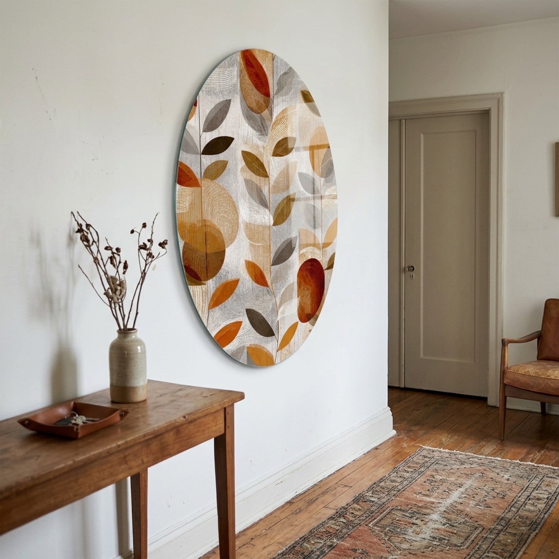 Modern Oval Yapraklar ve Geometrik Formlar Sanatı Oval Dikey Cam Tablo