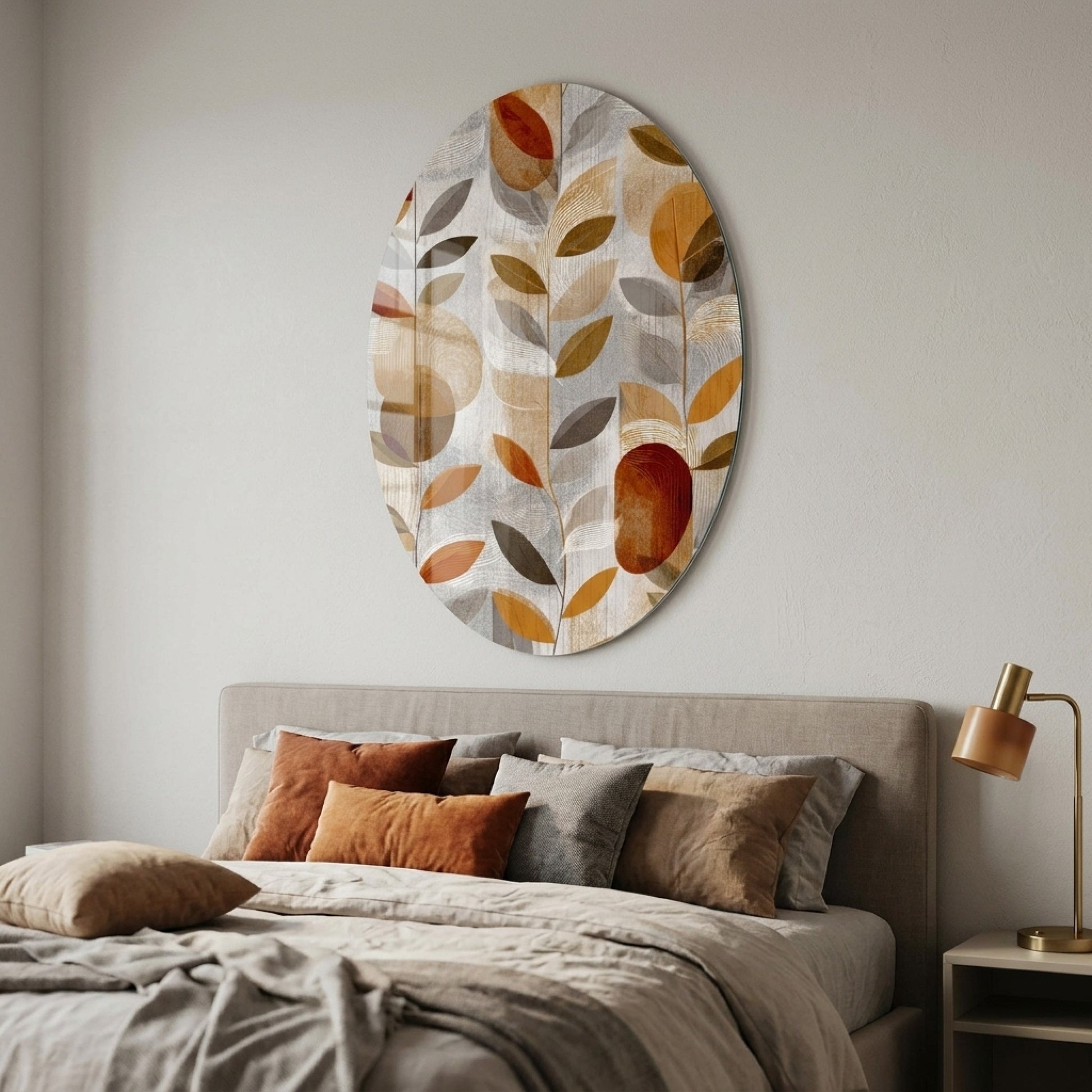 Modern Oval Yapraklar ve Geometrik Formlar Sanatı Oval Dikey Cam Tablo