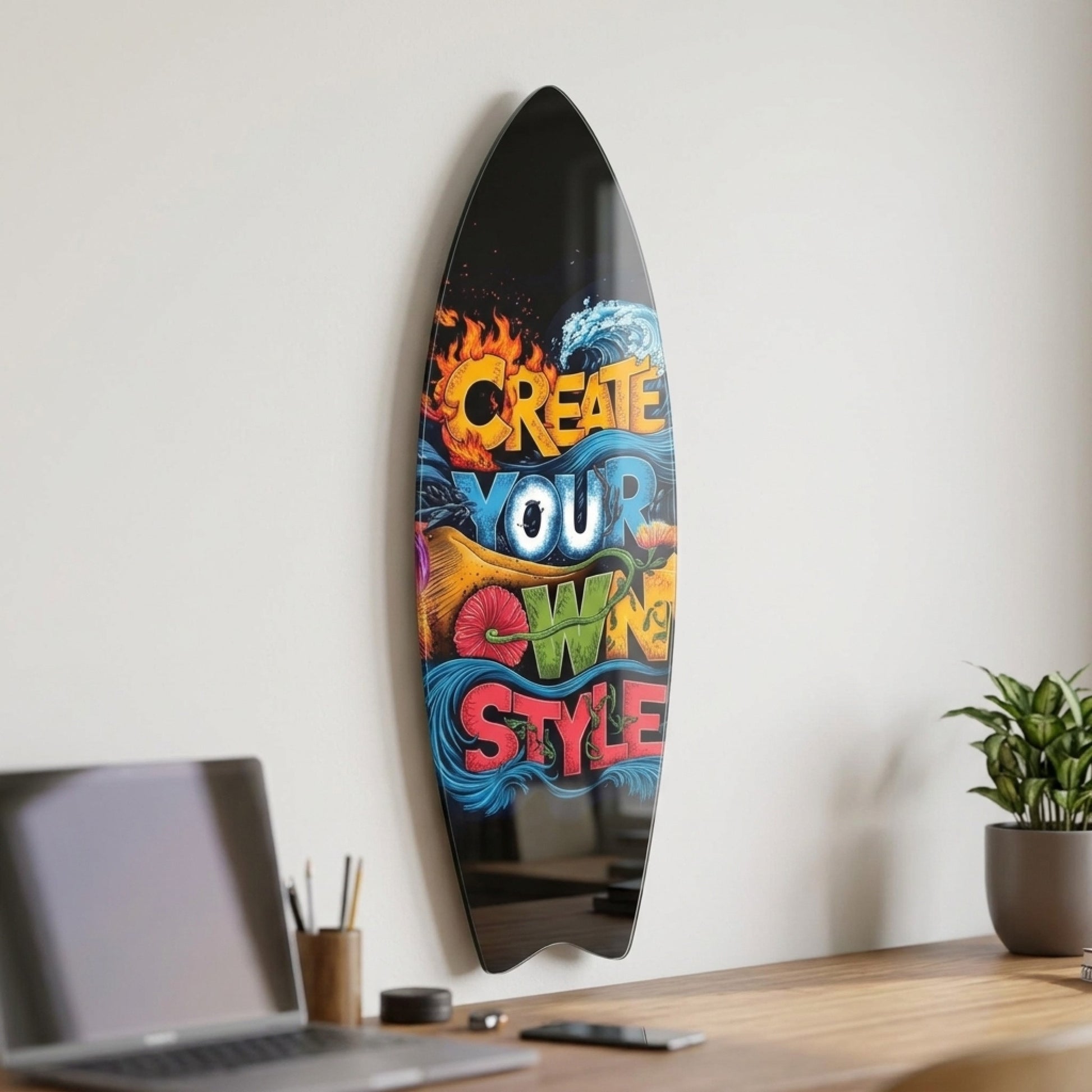 Kendi Tarzını Yarat Tipografi İllüstrasyonu Surf Board Cam Tablo
