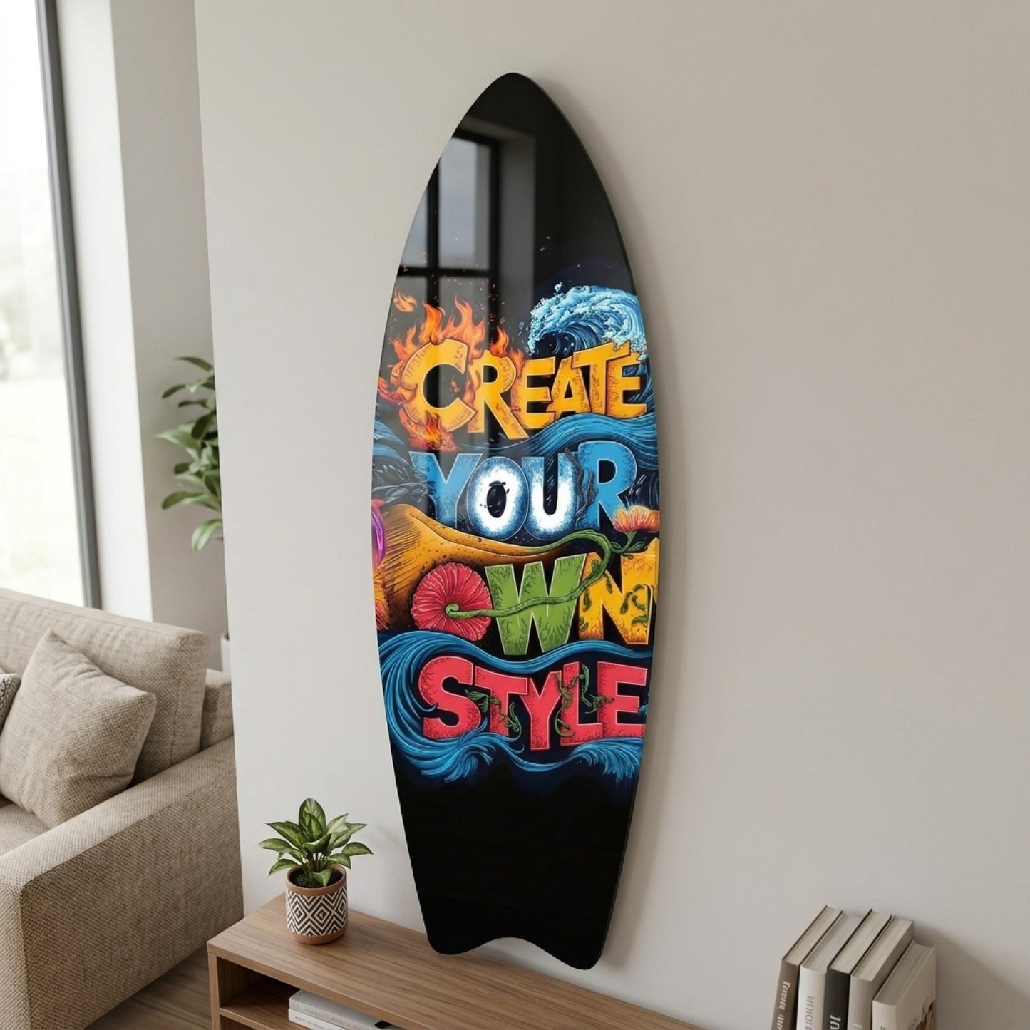 Kendi Tarzını Yarat Tipografi İllüstrasyonu Surf Board Cam Tablo