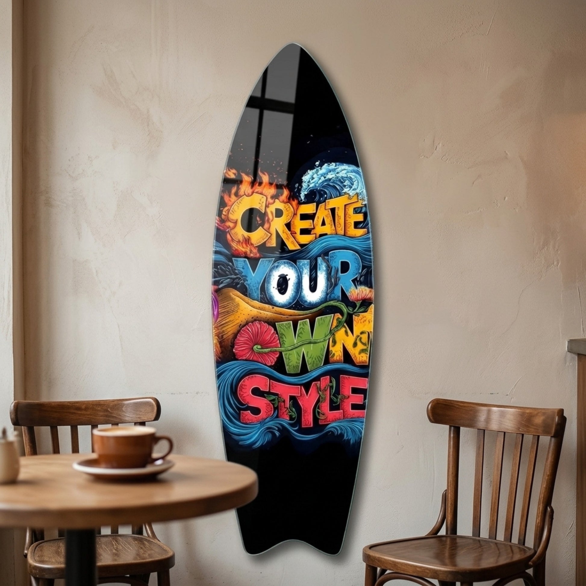 Kendi Tarzını Yarat Tipografi İllüstrasyonu Surf Board Cam Tablo