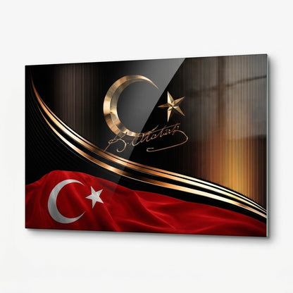 Altın Ay Yıldız ve Atatürk İmzalı Türk Bayrağı Yatay Cam Tablo