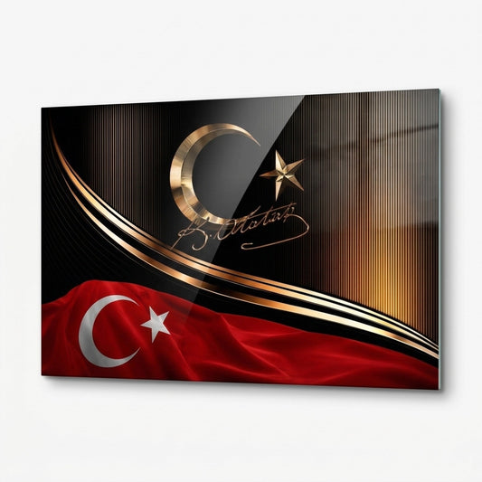 Altın Ay Yıldız ve Atatürk İmzalı Türk Bayrağı Yatay Cam Tablo
