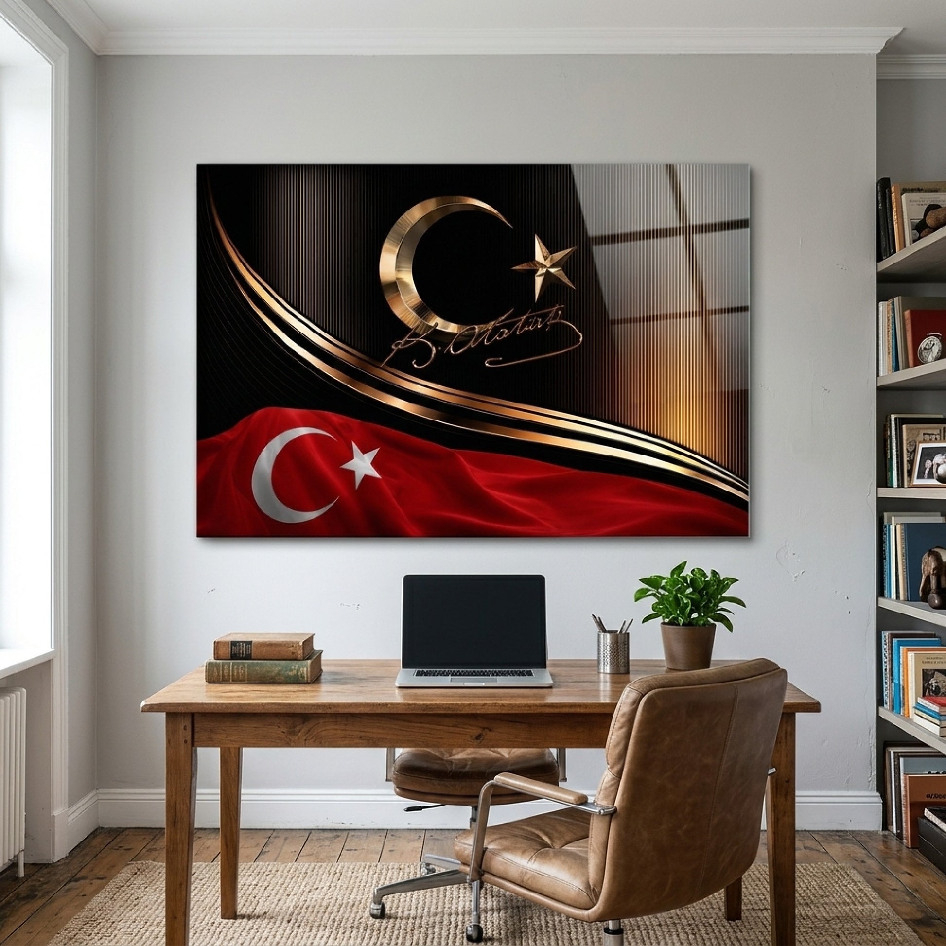 Altın Ay Yıldız ve Atatürk İmzalı Türk Bayrağı Yatay Cam Tablo