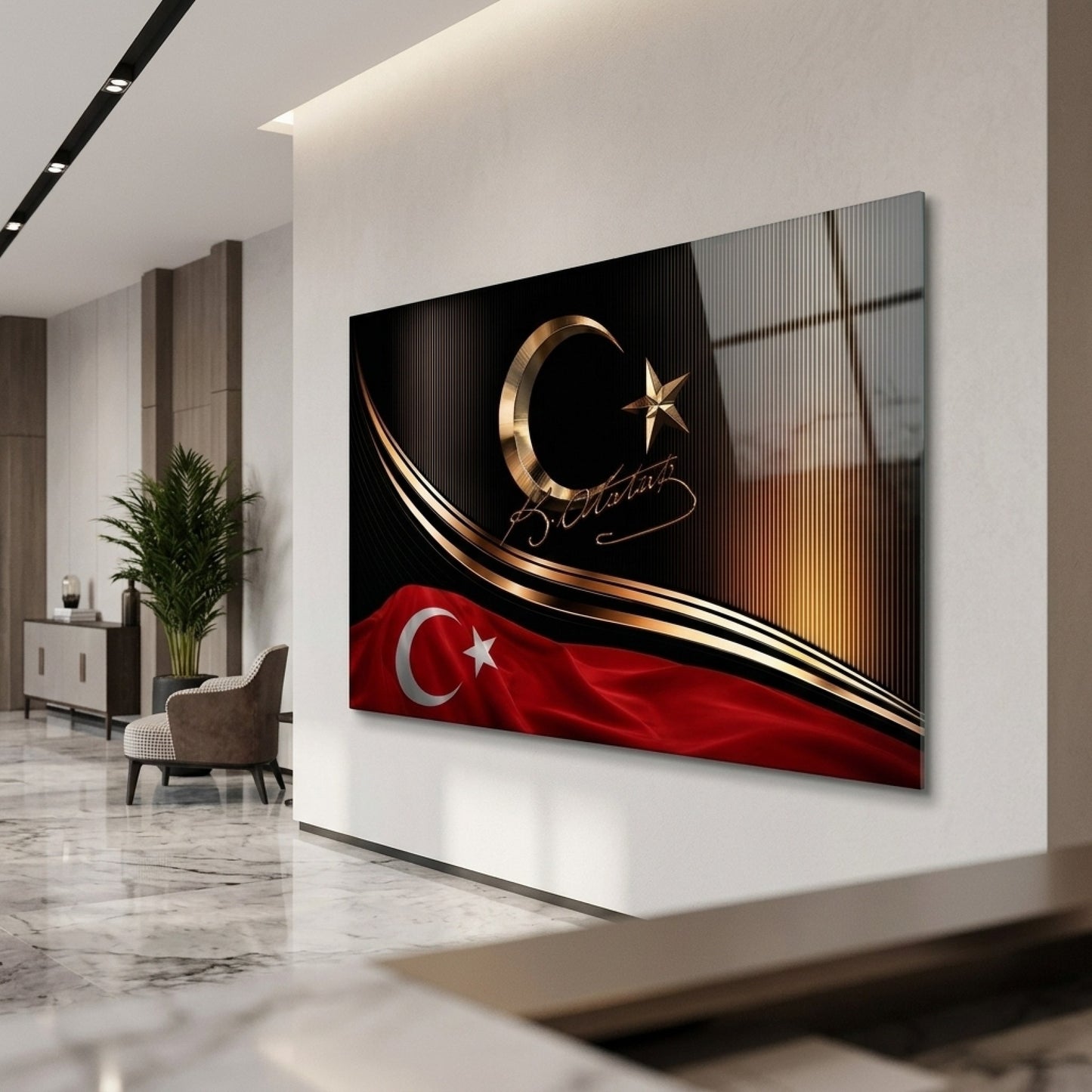 Altın Ay Yıldız ve Atatürk İmzalı Türk Bayrağı Yatay Cam Tablo