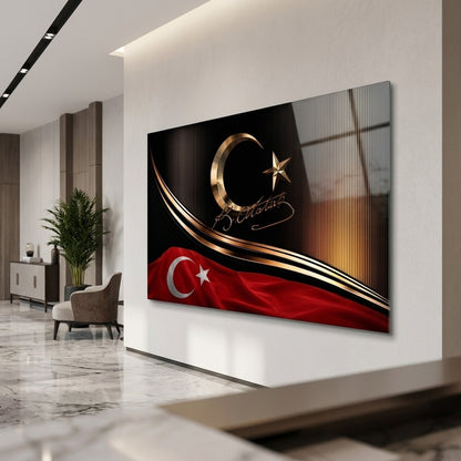 Altın Ay Yıldız ve Atatürk İmzalı Türk Bayrağı Yatay Cam Tablo