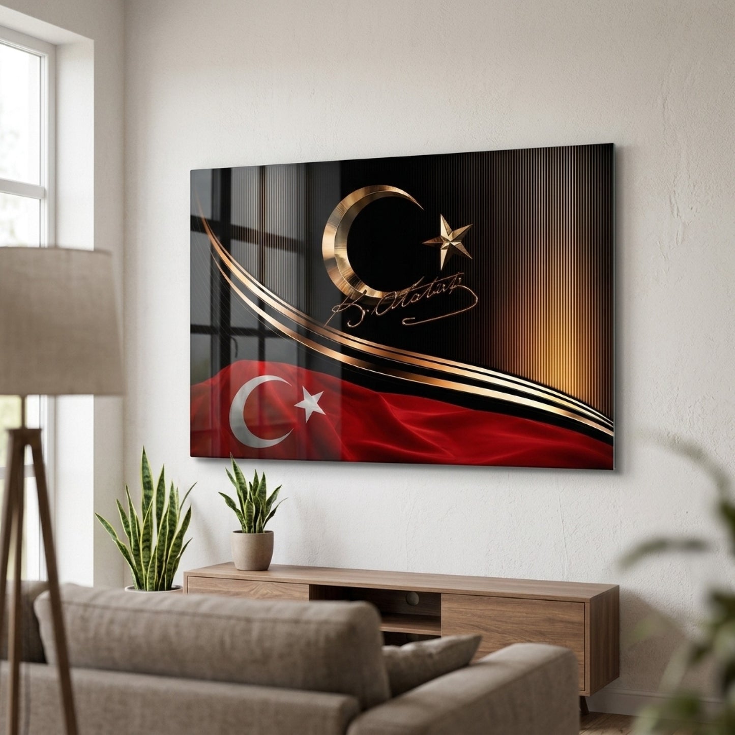 Altın Ay Yıldız ve Atatürk İmzalı Türk Bayrağı Yatay Cam Tablo