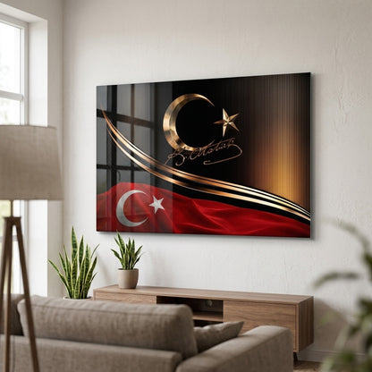 Altın Ay Yıldız ve Atatürk İmzalı Türk Bayrağı Yatay Cam Tablo