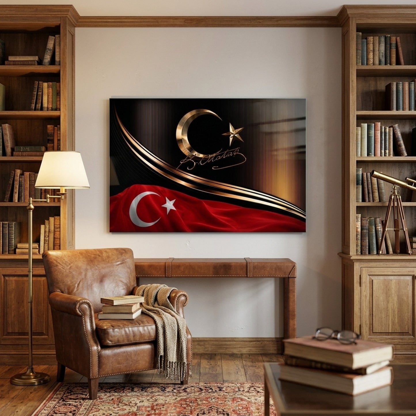 Altın Ay Yıldız ve Atatürk İmzalı Türk Bayrağı Yatay Cam Tablo