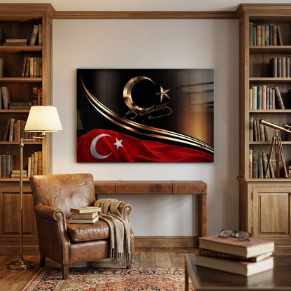 Altın Ay Yıldız ve Atatürk İmzalı Türk Bayrağı Yatay Cam Tablo