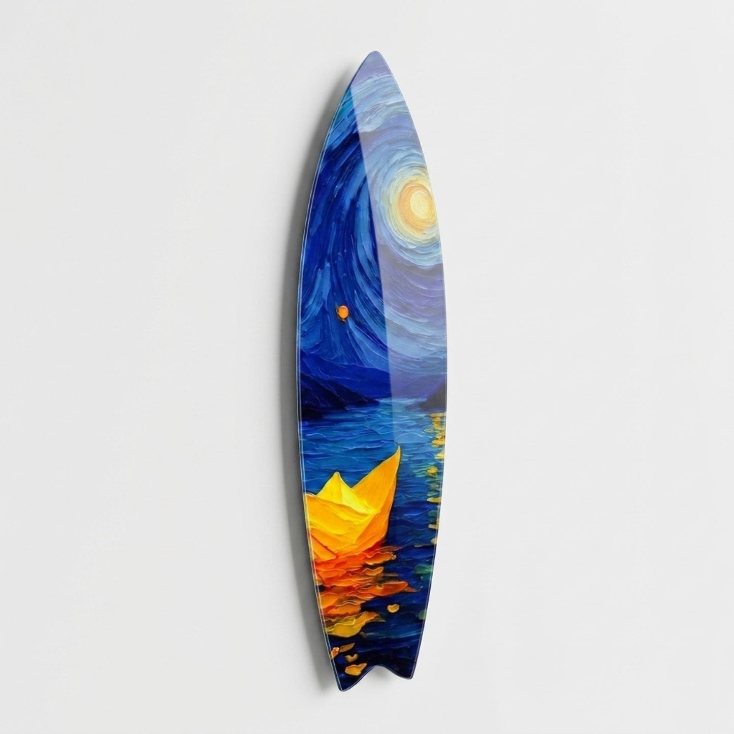 Van Gogh Tarzı Yıldızlı Gece Kağıt Gemi Yağlıboya Görünümlü Surf Board Cam Tablo