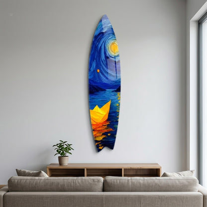 Van Gogh Tarzı Yıldızlı Gece Kağıt Gemi Yağlıboya Görünümlü Surf Board Cam Tablo
