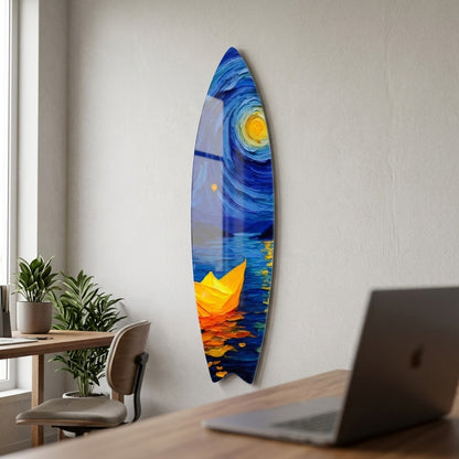 Van Gogh Tarzı Yıldızlı Gece Kağıt Gemi Yağlıboya Görünümlü Surf Board Cam Tablo