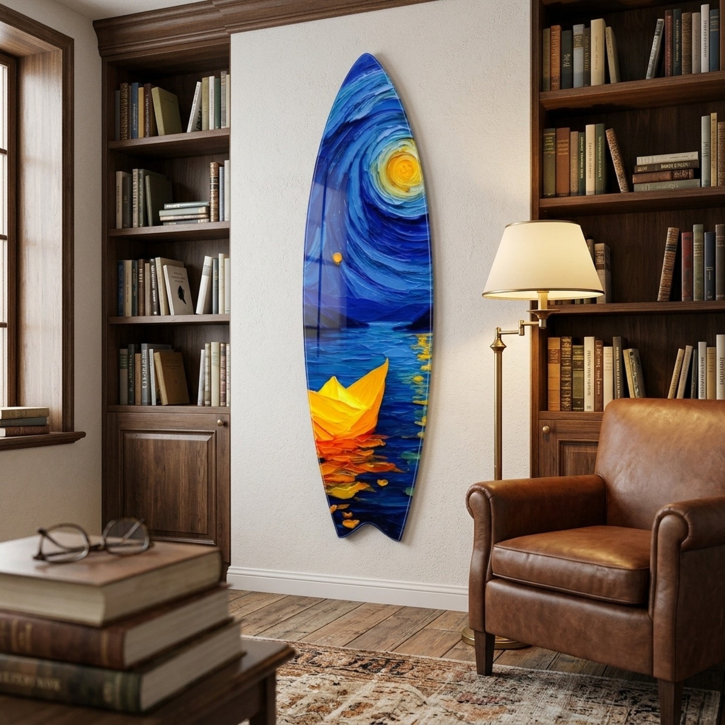 Van Gogh Tarzı Yıldızlı Gece Kağıt Gemi Yağlıboya Görünümlü Surf Board Cam Tablo