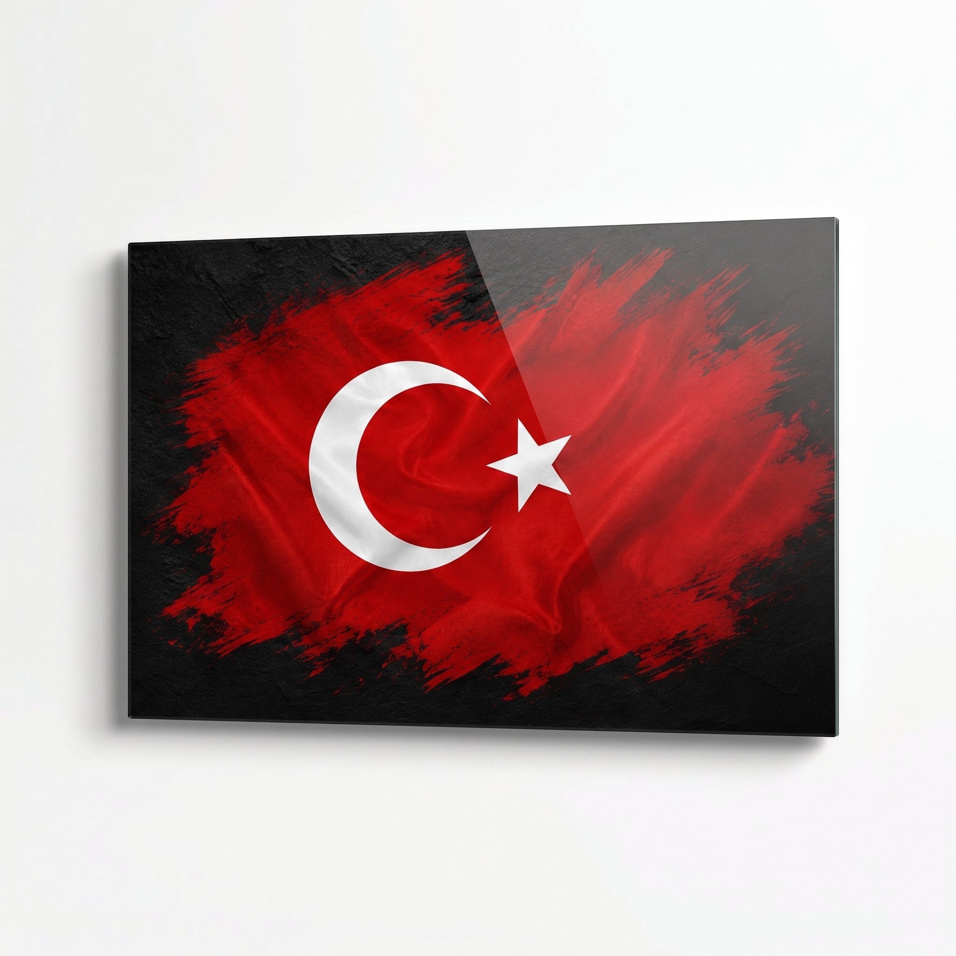 Modern Türk Bayrağı Fırça Efekti Yatay Cam Tablo