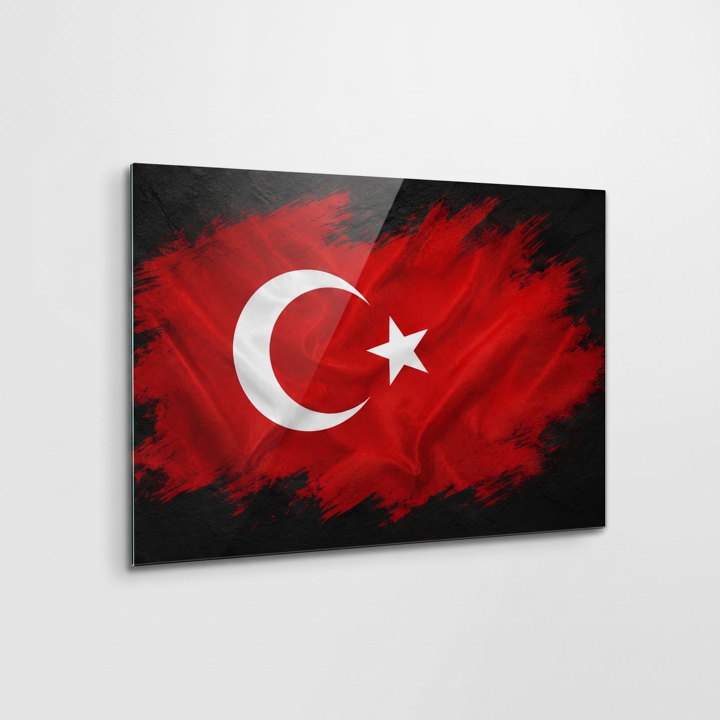 Modern Türk Bayrağı Fırça Efekti Yatay Cam Tablo