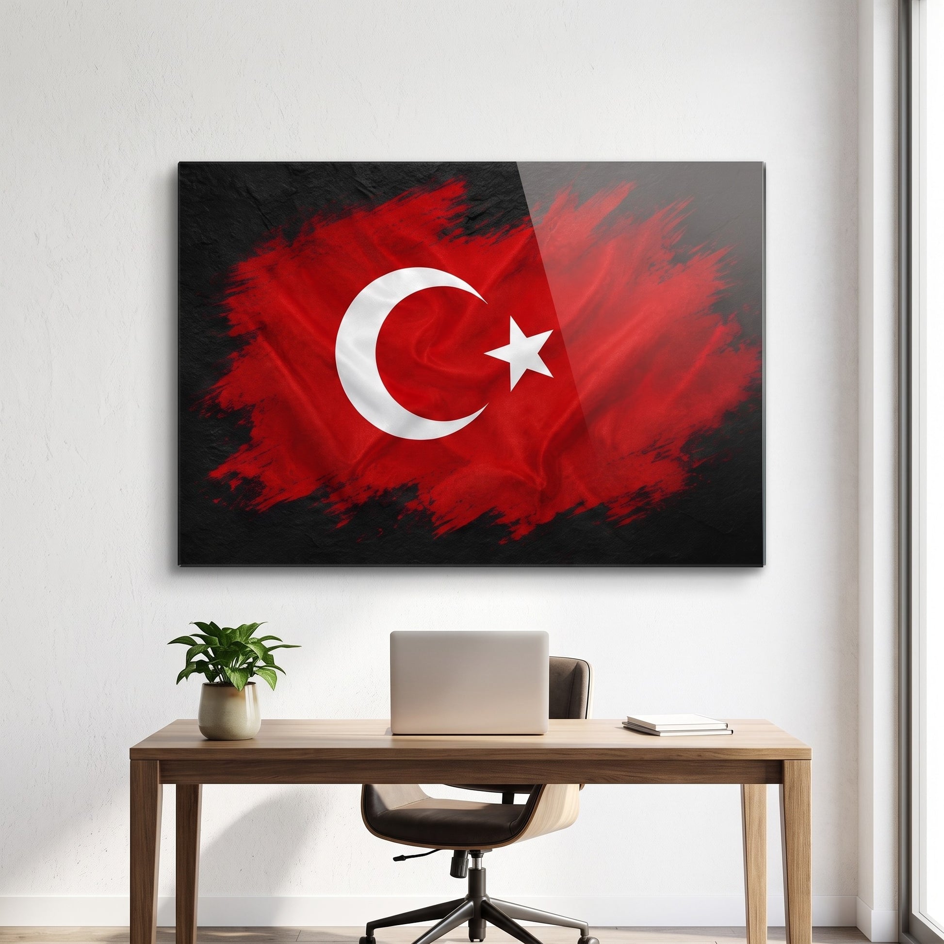 Modern Türk Bayrağı Fırça Efekti Yatay Cam Tablo