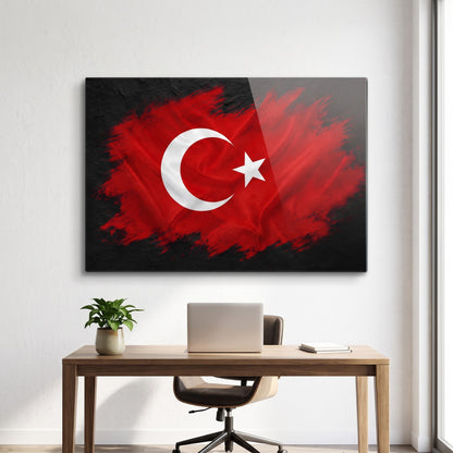 Modern Türk Bayrağı Fırça Efekti Yatay Cam Tablo
