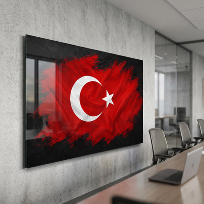 Modern Türk Bayrağı Fırça Efekti Yatay Cam Tablo