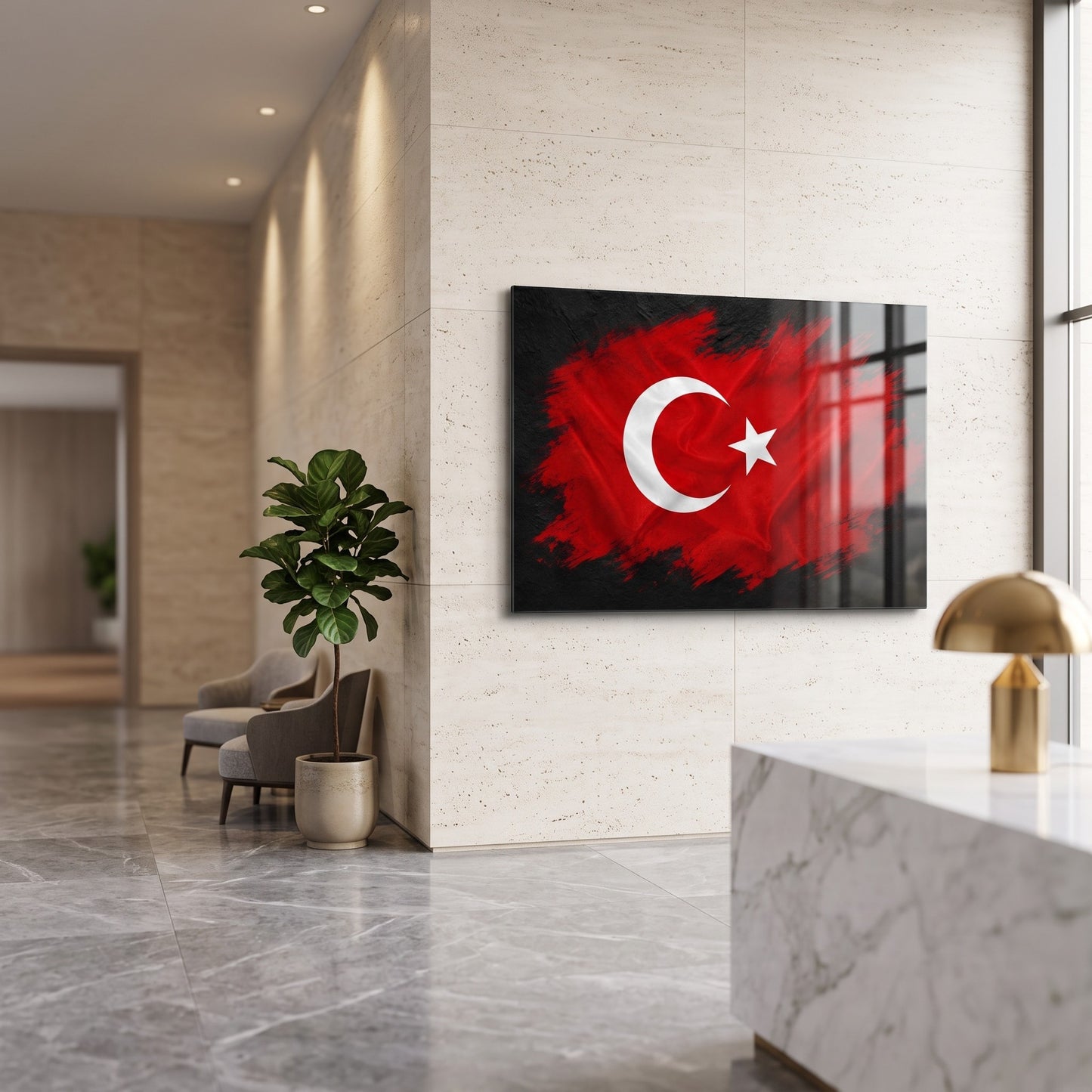 Modern Türk Bayrağı Fırça Efekti Yatay Cam Tablo