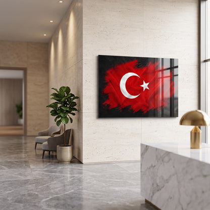 Modern Türk Bayrağı Fırça Efekti Yatay Cam Tablo