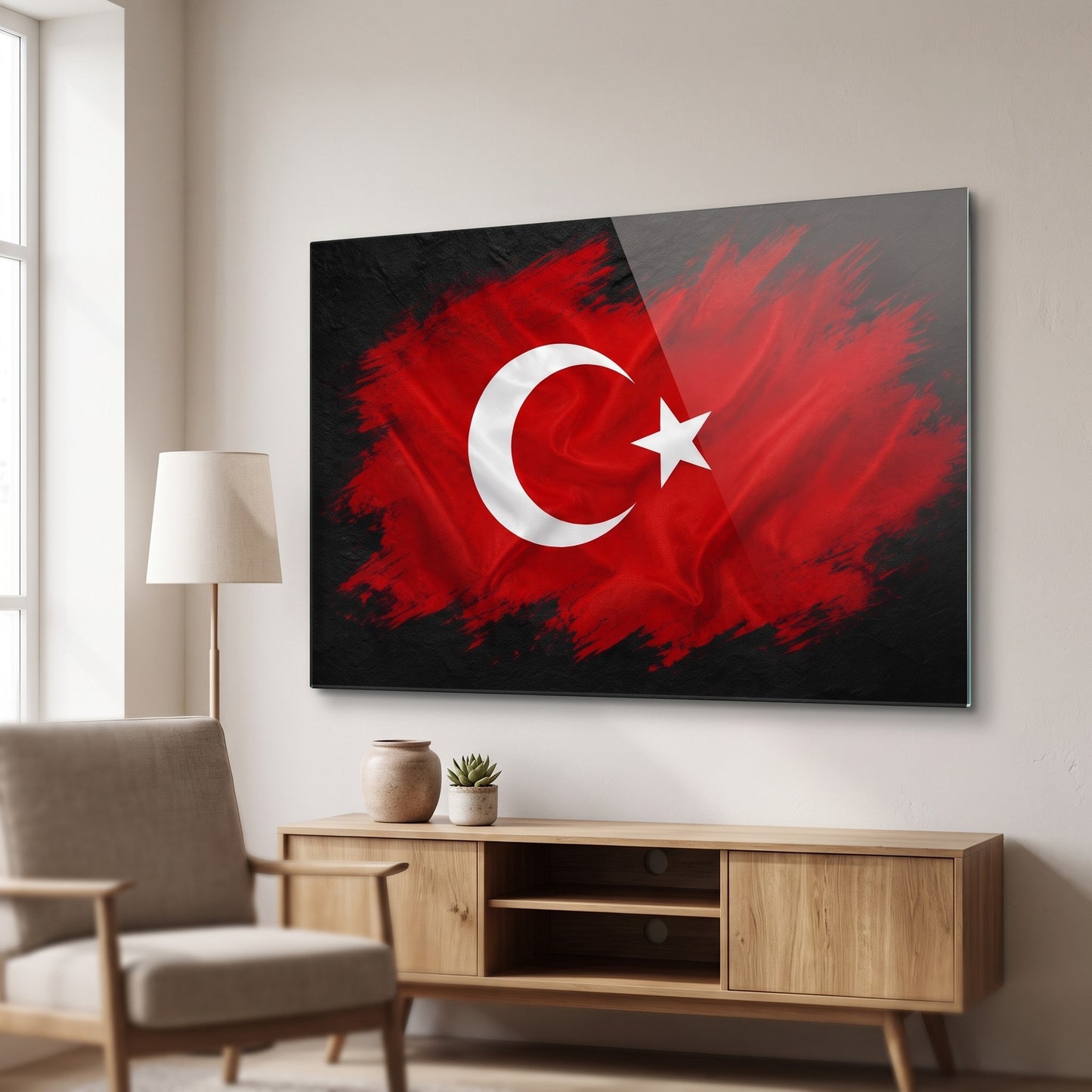 Modern Türk Bayrağı Fırça Efekti Yatay Cam Tablo