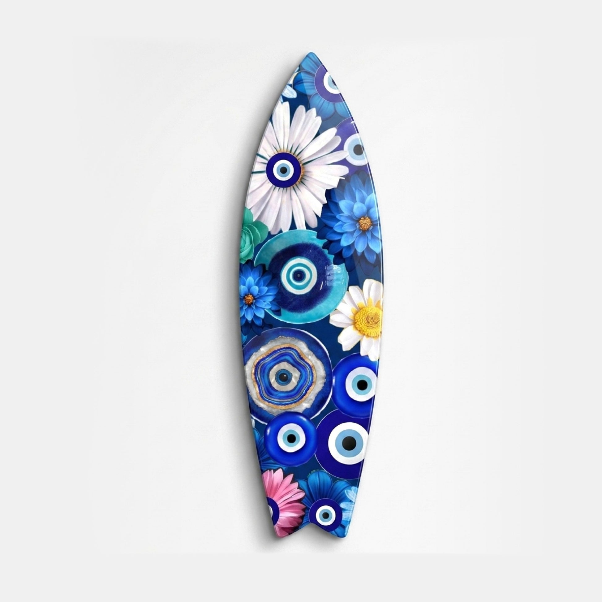 Mavi Nazar Boncuklu Çiçek Buketi Sanatı Surf Board Cam Tablo