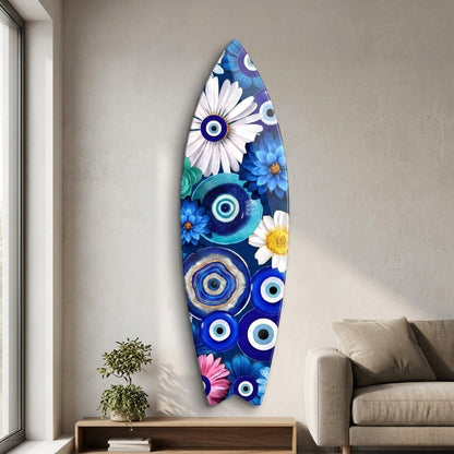 Mavi Nazar Boncuklu Çiçek Buketi Sanatı Surf Board Cam Tablo