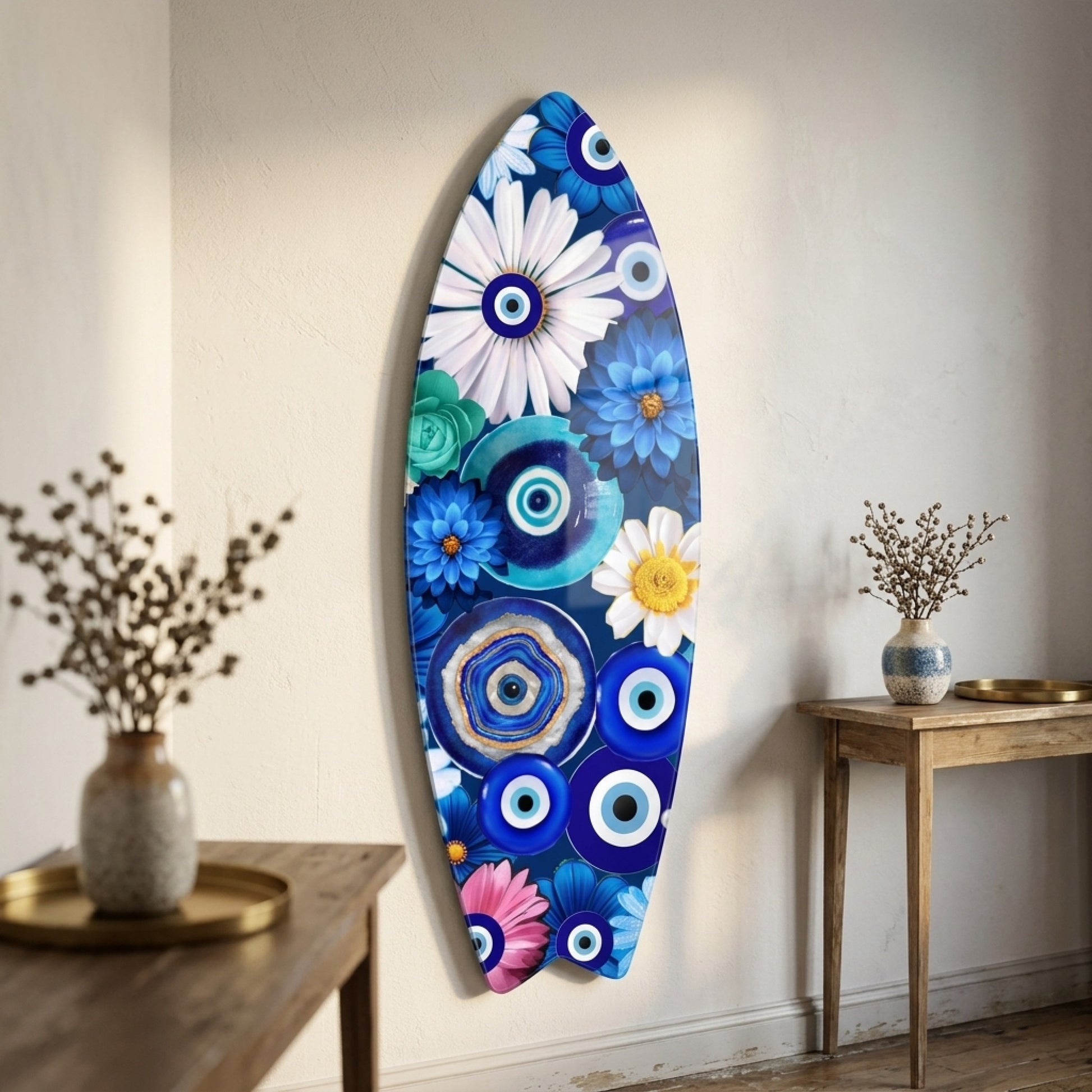 Mavi Nazar Boncuklu Çiçek Buketi Sanatı Surf Board Cam Tablo