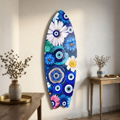 Mavi Nazar Boncuklu Çiçek Buketi Sanatı Surf Board Cam Tablo