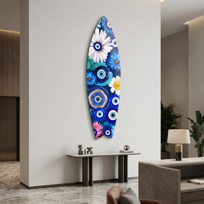 Mavi Nazar Boncuklu Çiçek Buketi Sanatı Surf Board Cam Tablo