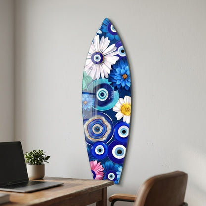 Mavi Nazar Boncuklu Çiçek Buketi Sanatı Surf Board Cam Tablo