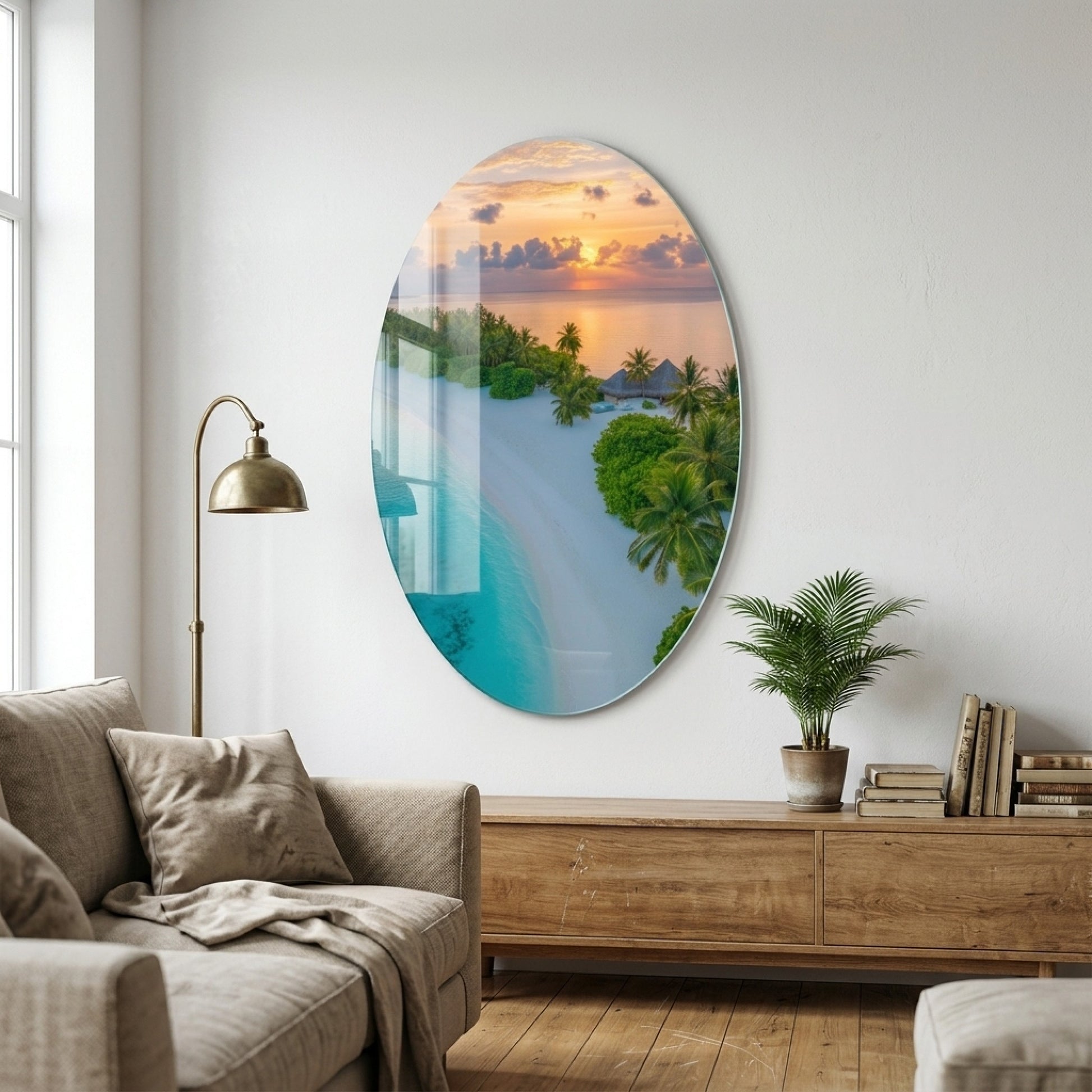 Maldivler Sahil Gün Batımı Oval Oval Dikey Cam Tablo