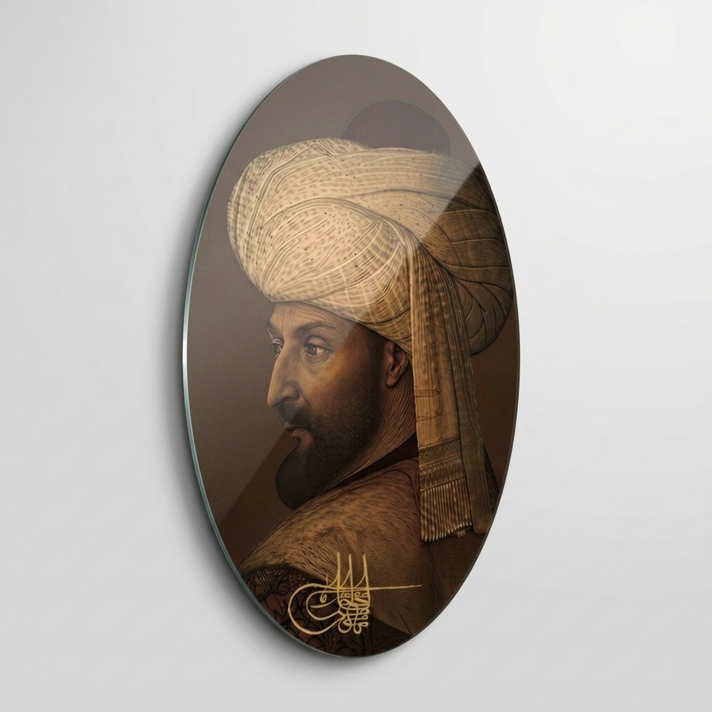 Osmanlı Padişahı Tuğralı Sarıklı Portre Oval Dikey Cam Tablo