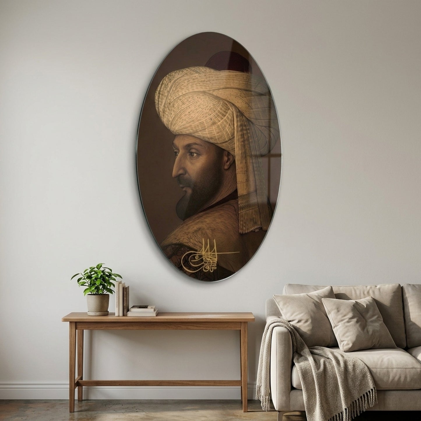 Osmanlı Padişahı Tuğralı Sarıklı Portre Oval Dikey Cam Tablo