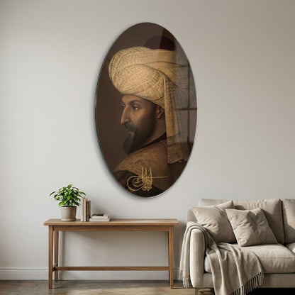 Osmanlı Padişahı Tuğralı Sarıklı Portre Oval Dikey Cam Tablo