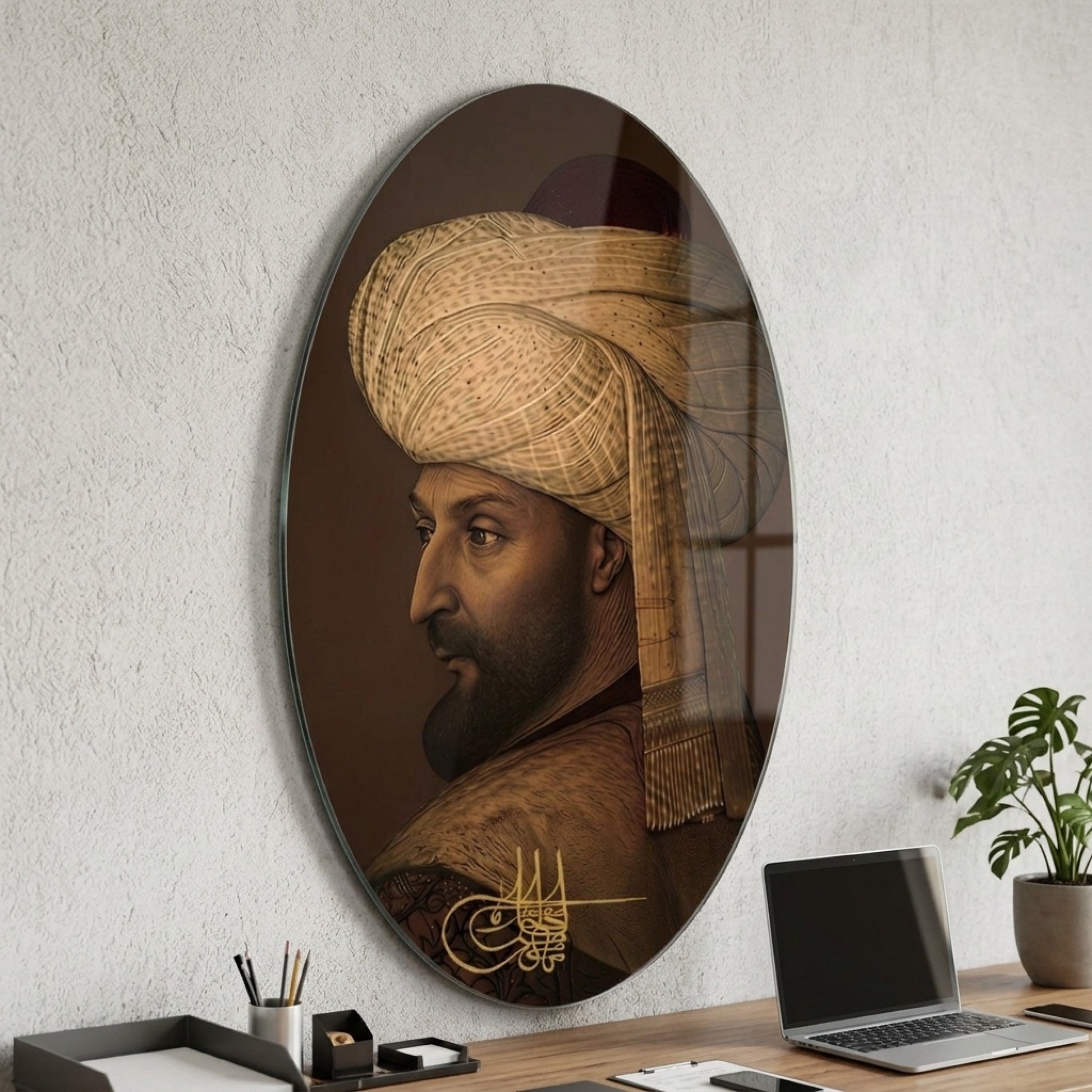 Osmanlı Padişahı Tuğralı Sarıklı Portre Oval Dikey Cam Tablo