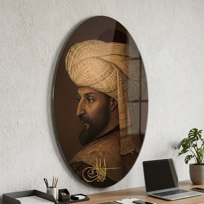 Osmanlı Padişahı Tuğralı Sarıklı Portre Oval Dikey Cam Tablo