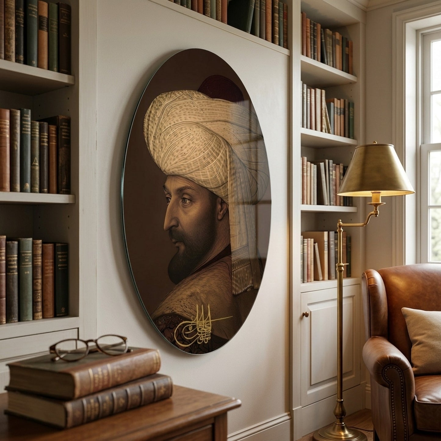 Osmanlı Padişahı Tuğralı Sarıklı Portre Oval Dikey Cam Tablo