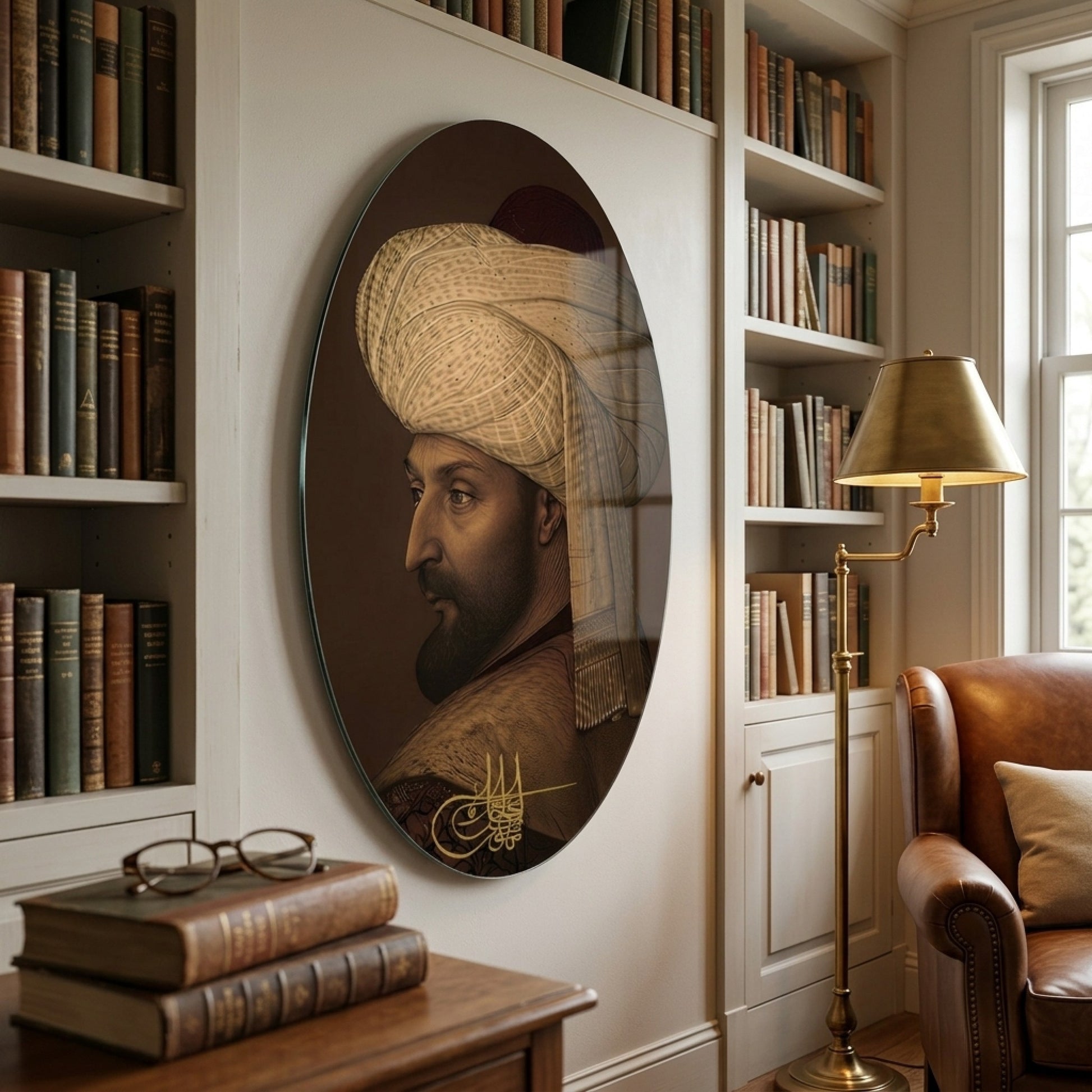 Osmanlı Padişahı Tuğralı Sarıklı Portre Oval Dikey Cam Tablo