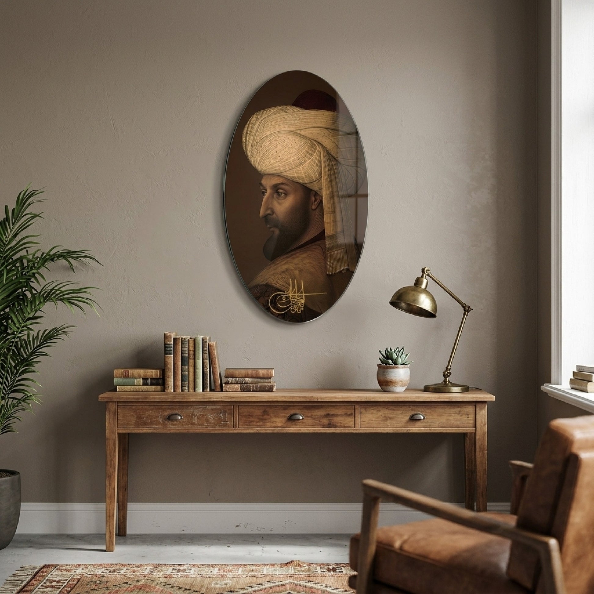Osmanlı Padişahı Tuğralı Sarıklı Portre Oval Dikey Cam Tablo